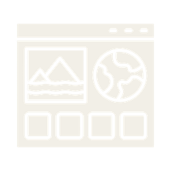 Simple drawing of a laundry machine with four empty spaces below, a mountain scene on the left and a globe on the right inside the machine display.