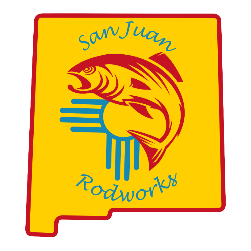 Logo for San Juan Rodworks featuring a stylized fish with lines representing water, on a yellow background with red border and blue text.