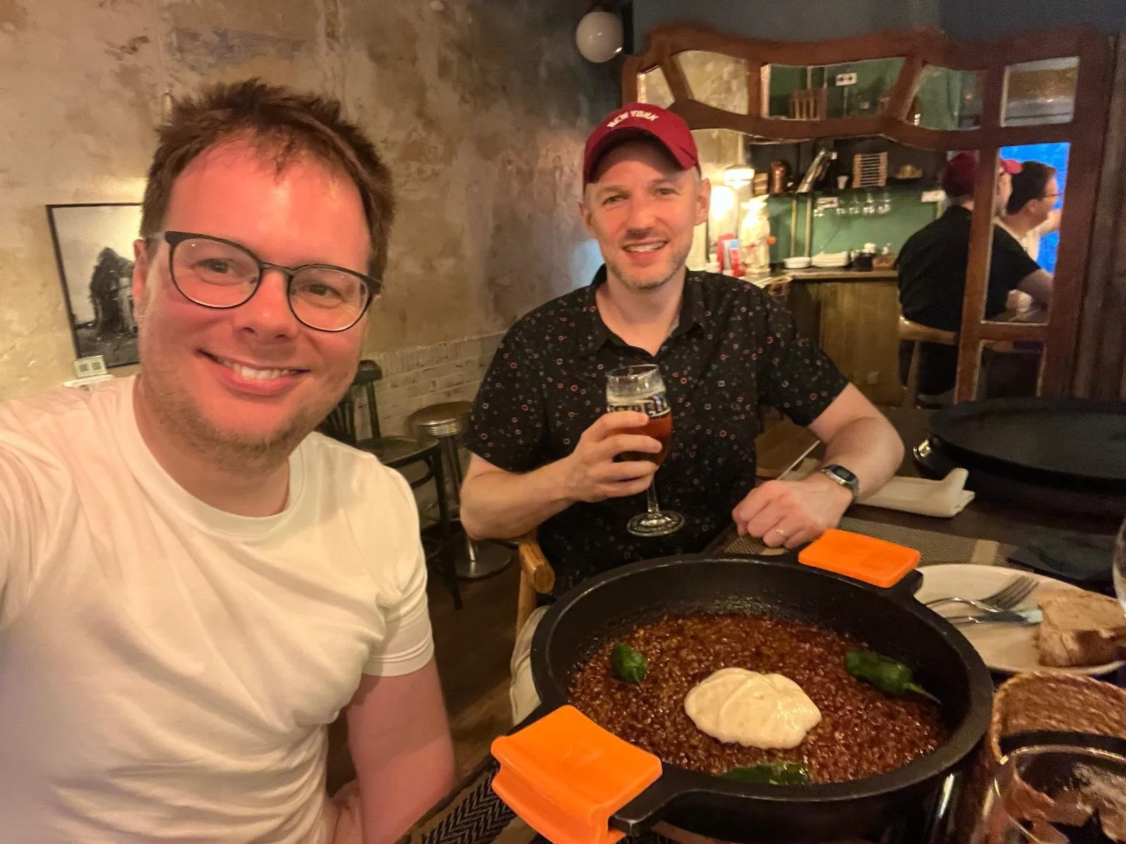 Host Lee and Producer Tom enjoying a paella in Barcelona on the night before the flight home.