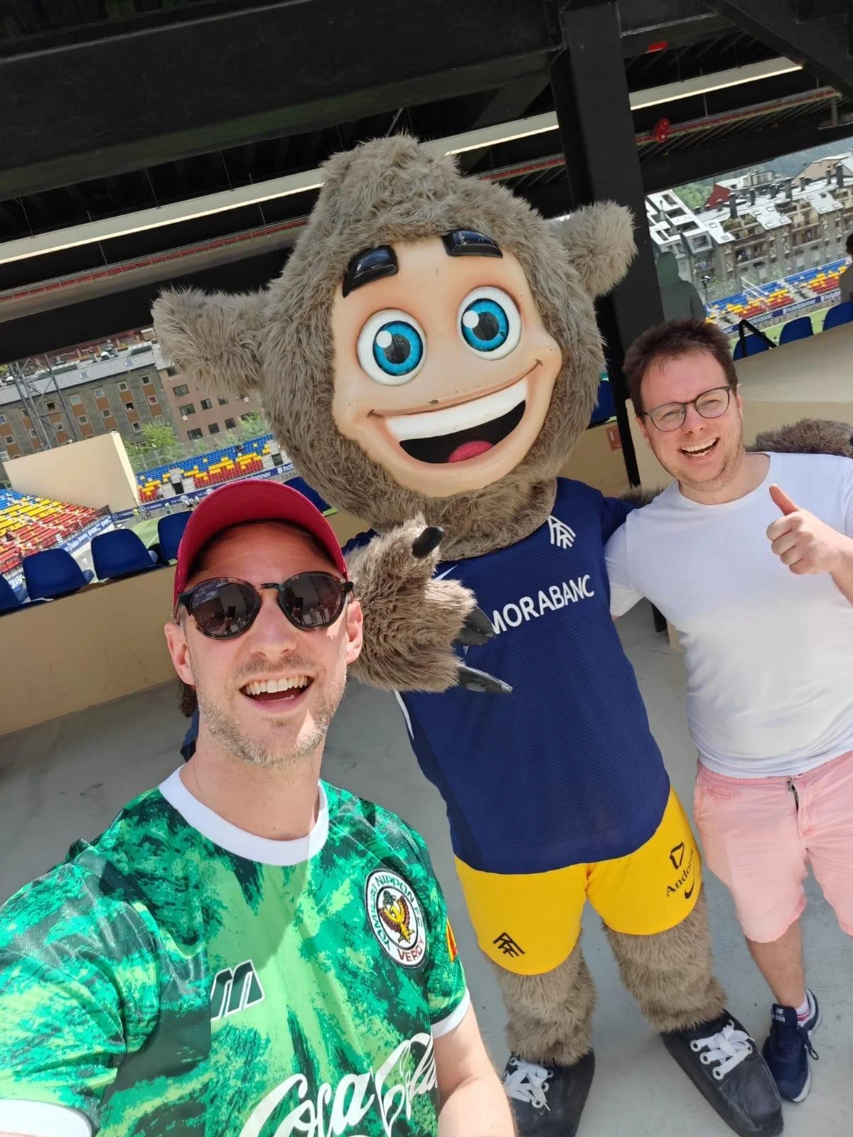 A compulsory picture with Tamarro, the mascot of FC Andorra, prior to kick-off.