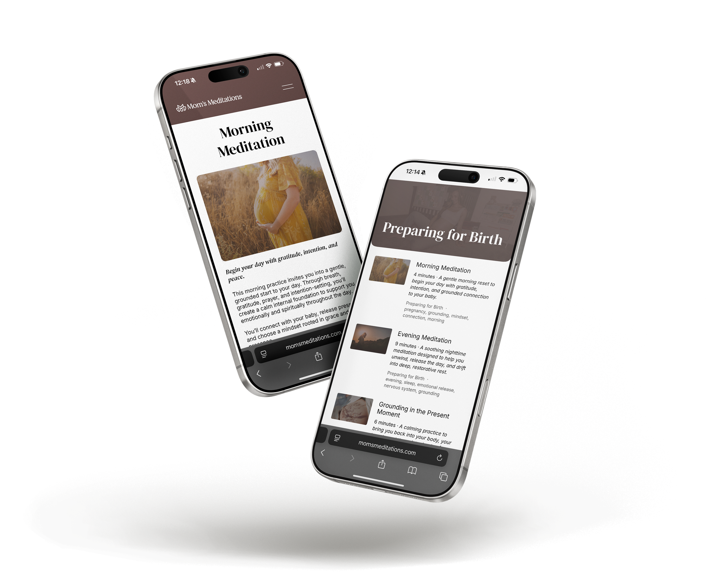 Two smartphones displaying meditation app screens, one titled 'Mom's Meditations' with morning and evening meditation options, and the other titled 'Preparing for Birth' with meditation sessions for pregnancy and birth.
