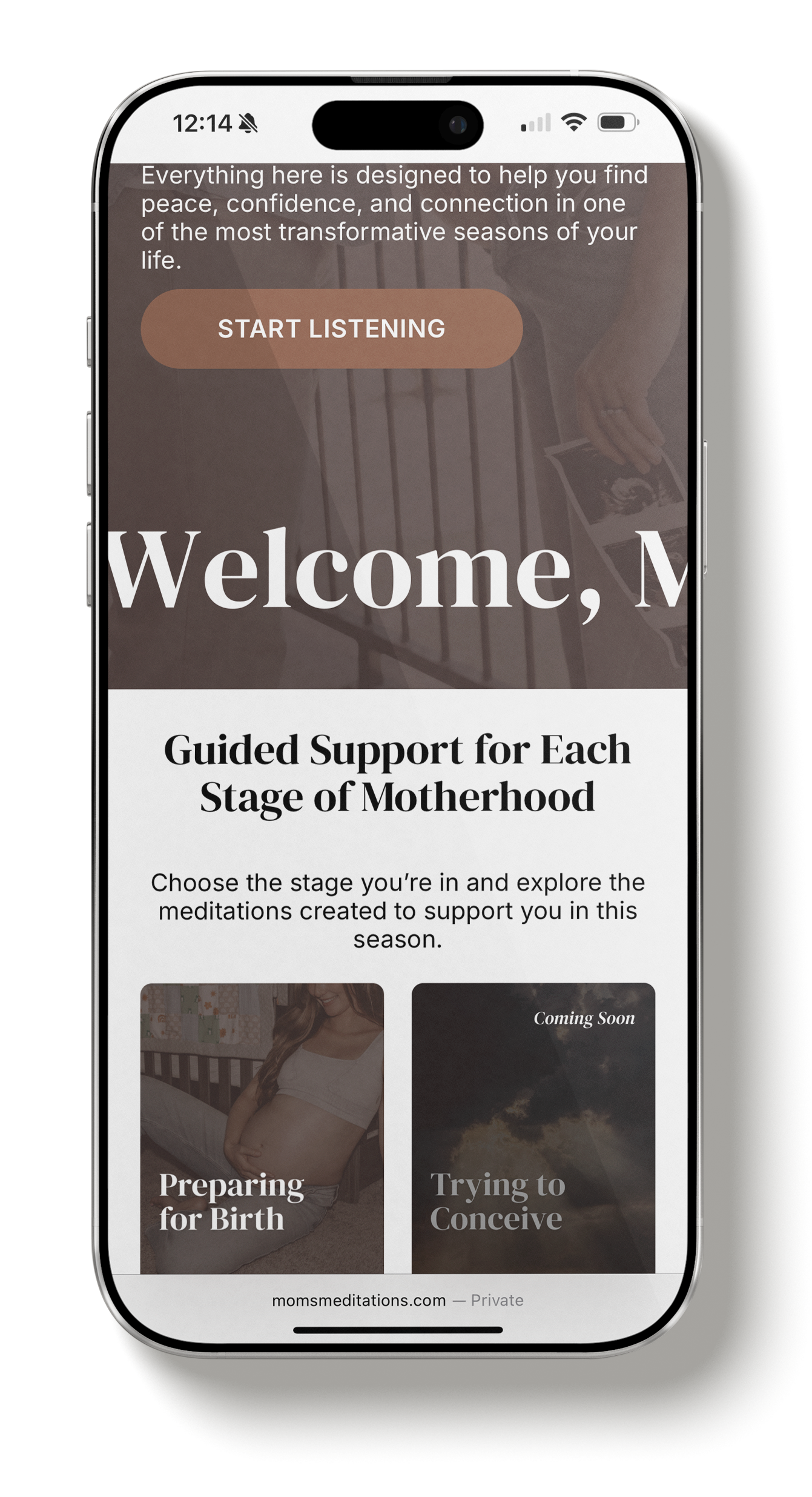 Mobile phone screen displaying a website with a welcome message and options for guided support during motherhood, including stages like preparing for birth and trying to conceive.