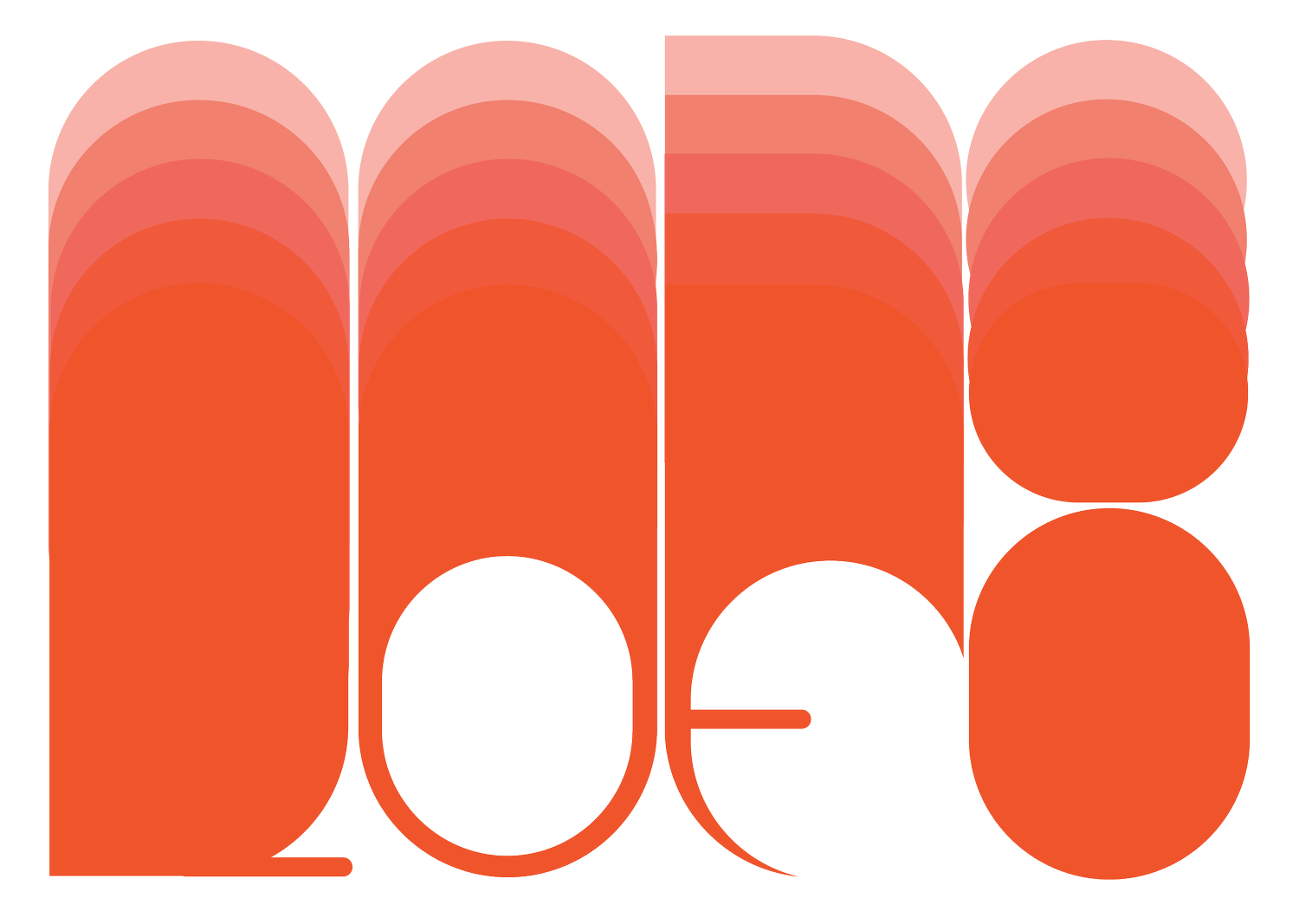 Close-up of a colorful logo with overlapping, rounded text in shades of orange, pink, and red.