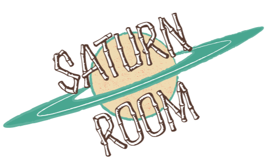 Illustration of a planet with a ring around it, with the words "Saturn Room" written above and below the planet.