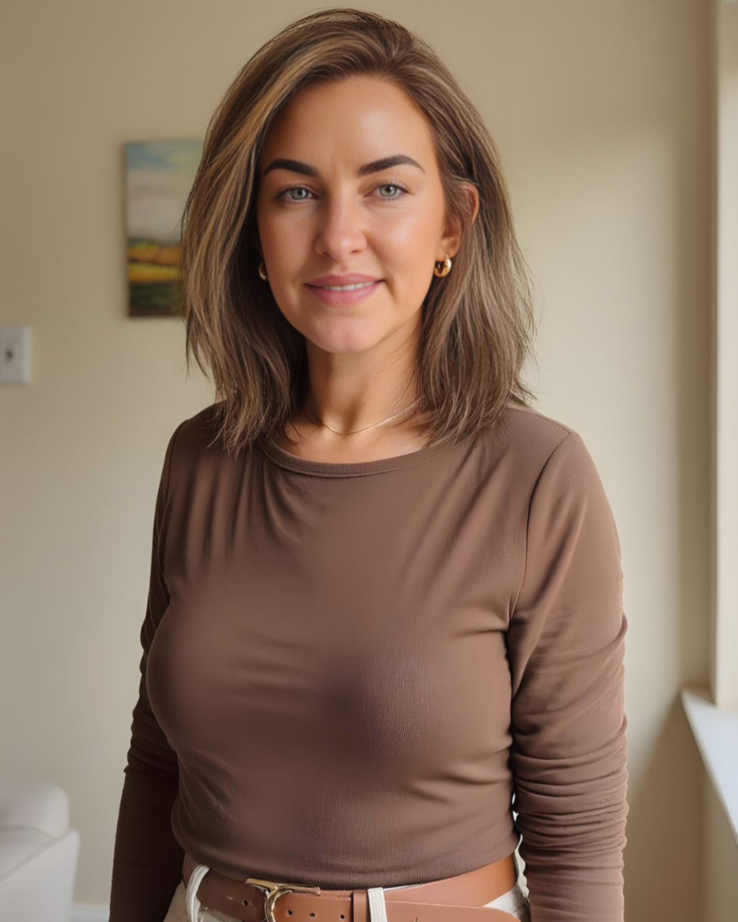 woman with shoulder length brown hair in a brown long sleeve top looking directly at the camera