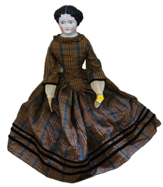 AN EARLY CHINA HEAD DOLL WITH EARLY CLOTHING AND A KID BODY