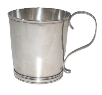 A COIN SILVER MUG BY BALDWIN & BAKER, PROVIDENCE, R.I, MONOGRAMED "JOHN HUBBARD STONE", WEIGHING 4.24 OZS. COIN SILVER