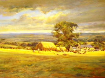 A FRAMED OOC PAINTING OF A FARM COUNTRY SCENE, BY DAVID HYDE, BORN IN 1947; 17 1/2" X
29 1/2" 