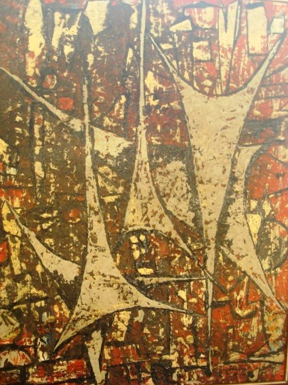 A FRAMED, MID-20TH CENTURY, ABSTRACT EXPRESSIONISTIC PAINTING ON BOARD, SIGNED, 18 1/2" X 24"