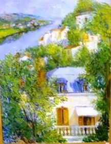 A FRAMED, OOC PAINTING OF A FRENCH VILLAGE & RIVER SCENE, BY GUSTAVE NEBEL, 1907-1997; 29" X 39"