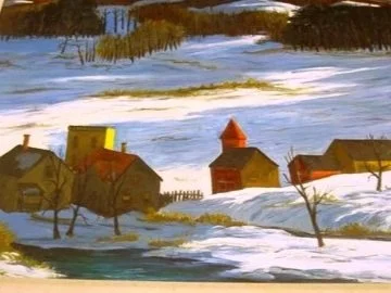 A FRAMED, OOC PAINTING OF A RURAL NEW ENGLAND WINTER SCENE, BY CHARLES HARSANYI, 1905-1973 ; 24" X 20 1/2" 