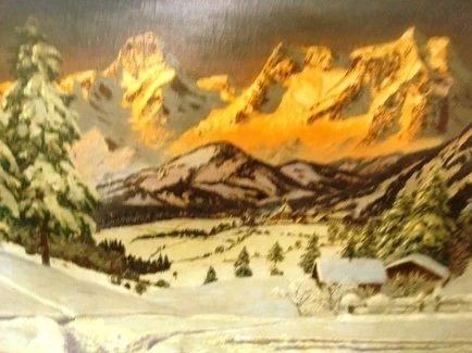 A FRAMED OOC PAINTING OF THE AUSTRIAN ALPS, BY ALUIS ARNIEGGER, 1879-1963; 23" X 36" 