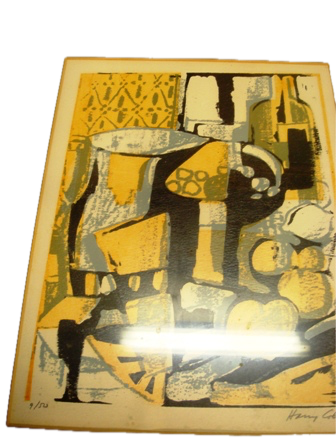 A FRAMED, LIMITED EDITION, 9/50, MID-CENTURY MODERN, ABSTRACT, OFFSET LITHOGRAPH BY HARRY COHEN; 9" X 12" 