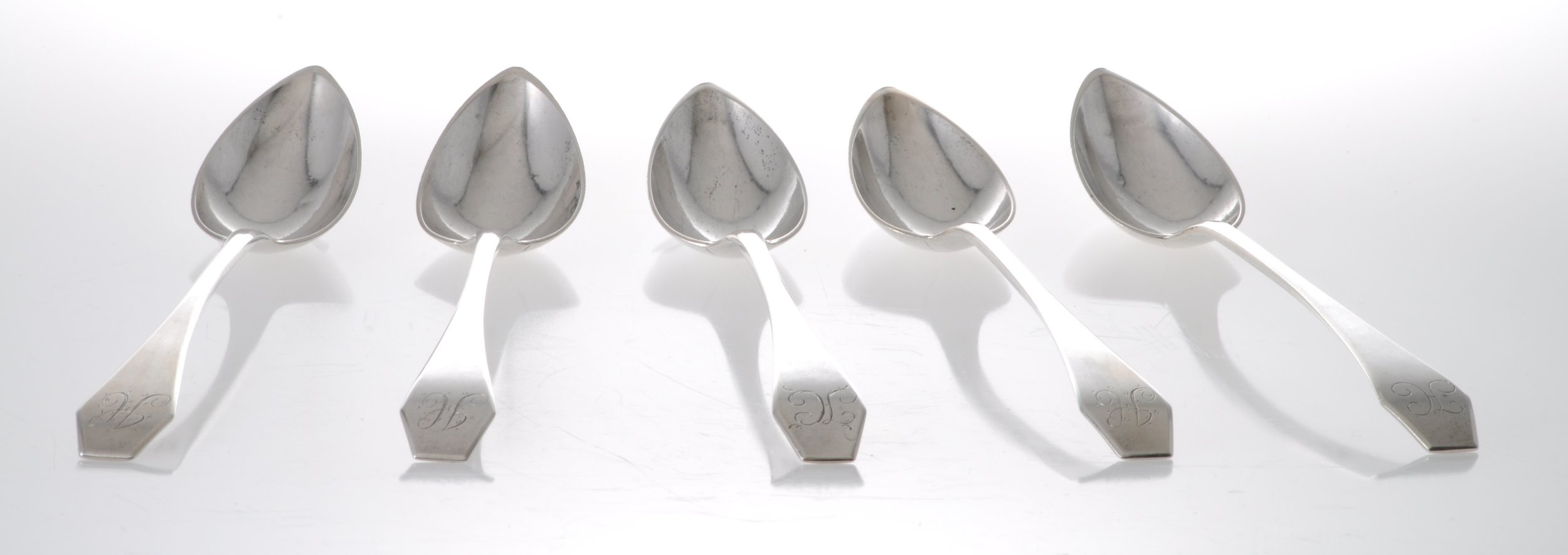 5 teaspoons by William Cadlogan Simps, Portsmouth, NH, 1773-1824, 2.87 oz silver.