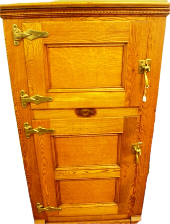  VICTORIAN OAK, TWO DOOR ICE CHEST, MADE BY THE LEONARD CLEANABLE REFRIGERATOR CO. OF GRAND RAPIDS, MICH.; 56" T. X 30" W. X 20" D. 