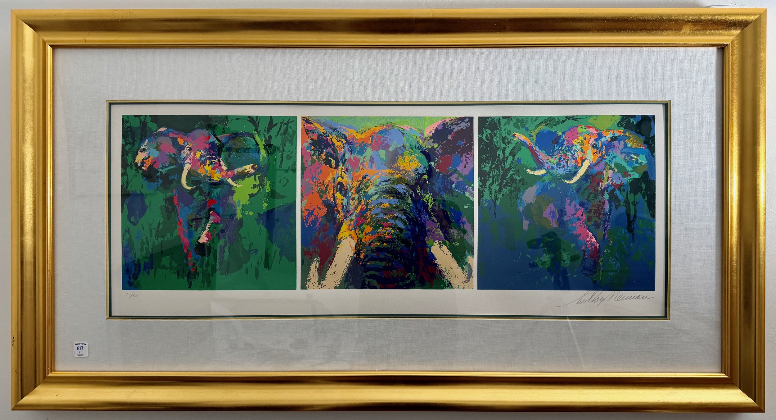 LeRoy Neiman custom-framed serigraph titled Elephant Triptych