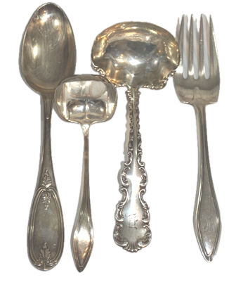FOUR ITEMS: A LADLE IN WHITING'S 1891 "LOUIS XV" PATTERN; A LADLE AND A MEAT FORK IN
TOWLE'S 1912 "MARY CHILTON" PATTERN, A COIN SILVER SPOON BY FENNO & HALE; TOTAL WEIGHT OF SS & COIN: 6.93 OZS