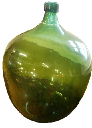 A LARGE, GREEN, BLOWN GLASS, DEMIJOHN BOTTLE; 25" t.