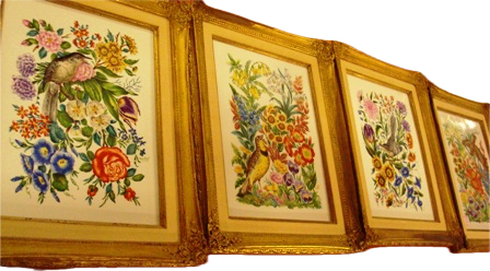 A SET OF FOUR, SIGNED BOEHM, USA, PORCELAIN PLAQUES, DECORATED WITH FLOWERS, MOUNTED IN GILDED WOODEN FRAMES. 12" X 15" 