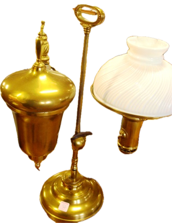 A VINTAGE, SOLID BRASS STUDENT LAMP WITH A WHITE MILK GLASS SHADE