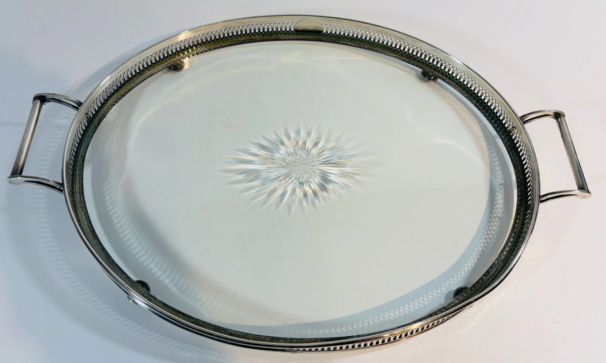 Sterling and glass serving tray by Geo. A. Henckel & Co. New York, NY, 1909-22.