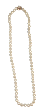 A STRAND OF 57 SALTWATER CULTURED PEARLS, 7MM EACH, COLOR IS WHITE-ORANGEY RED, WELL MATCHED, AND HAVING A 14K YELLOW GOLD CLASP. RETAIL REPLACEMENT: $700.00