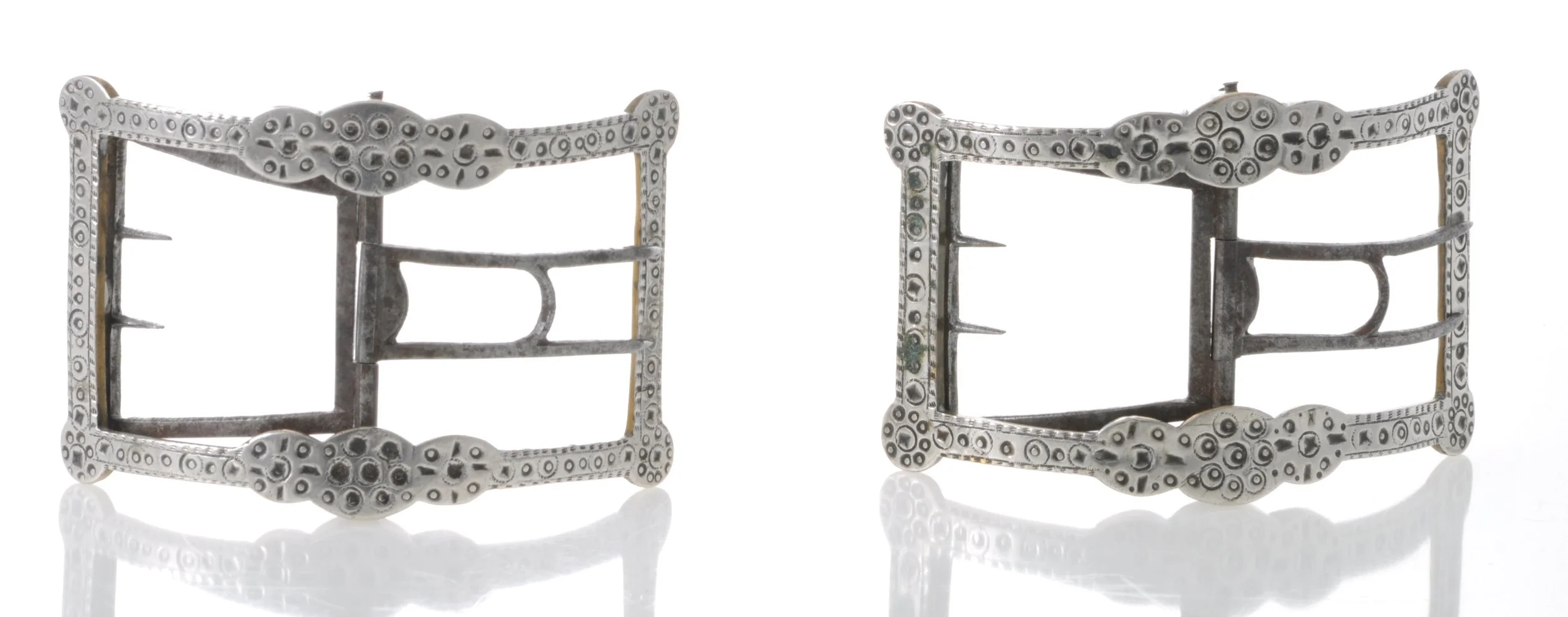 Silver covered brass buckles, possibly by Samuel Casey, R.I., 1745.
