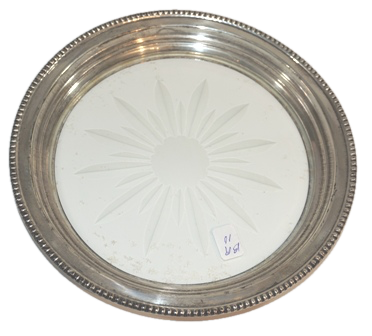 AN ETCHED GLASS & STERLING RIMMED COASTER, 7 1/2"