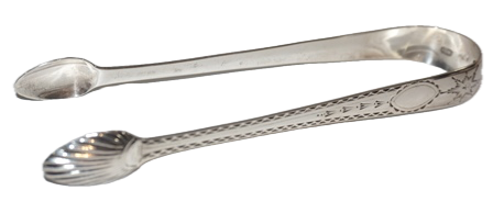 IRISH SUGAR TONGS BY JOHN STOYTE OF DUBLIN, PARTNER OF MICHAEL KEATING, 1788, WEIGHING 1.07 OZS. STERLING SILVER