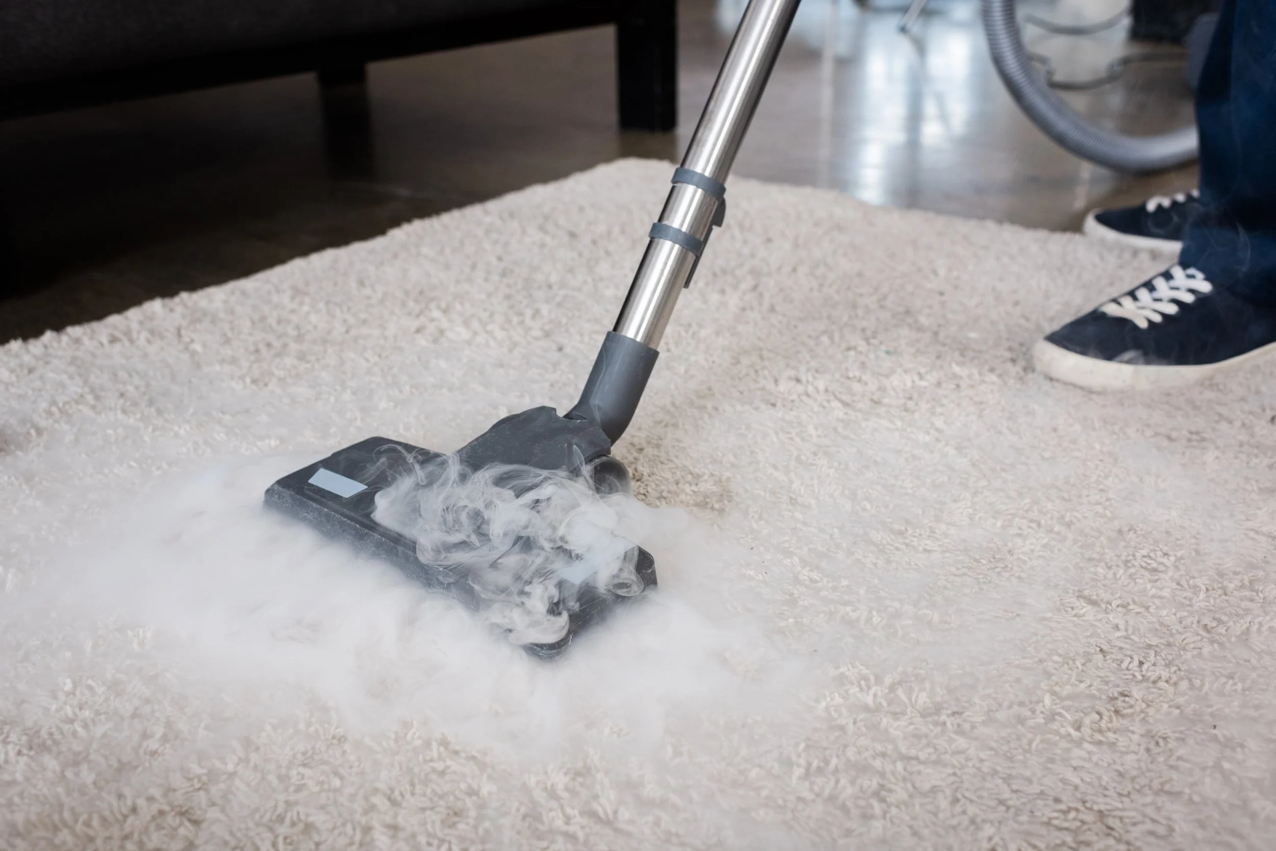 A person is cleaning a beige carpet with a steam carpet cleaner, producing white steam.