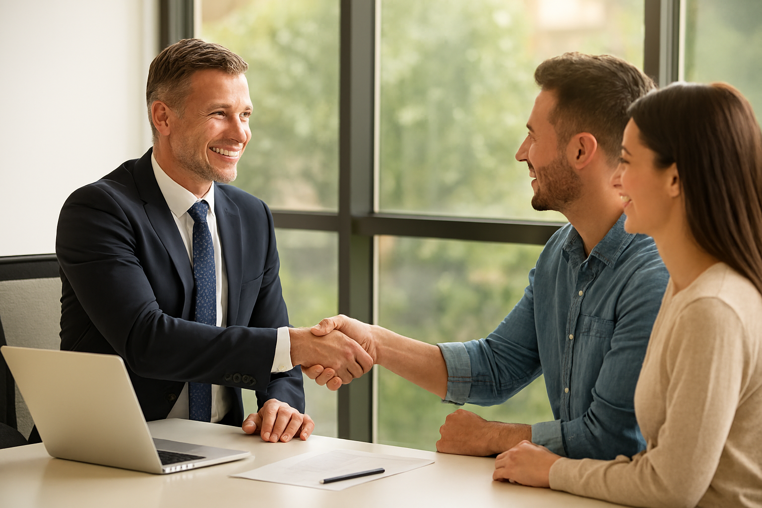 Man in a suit shaking hands with a man in a casual shirt, woman smiling next to them, in a bright office with large windows.