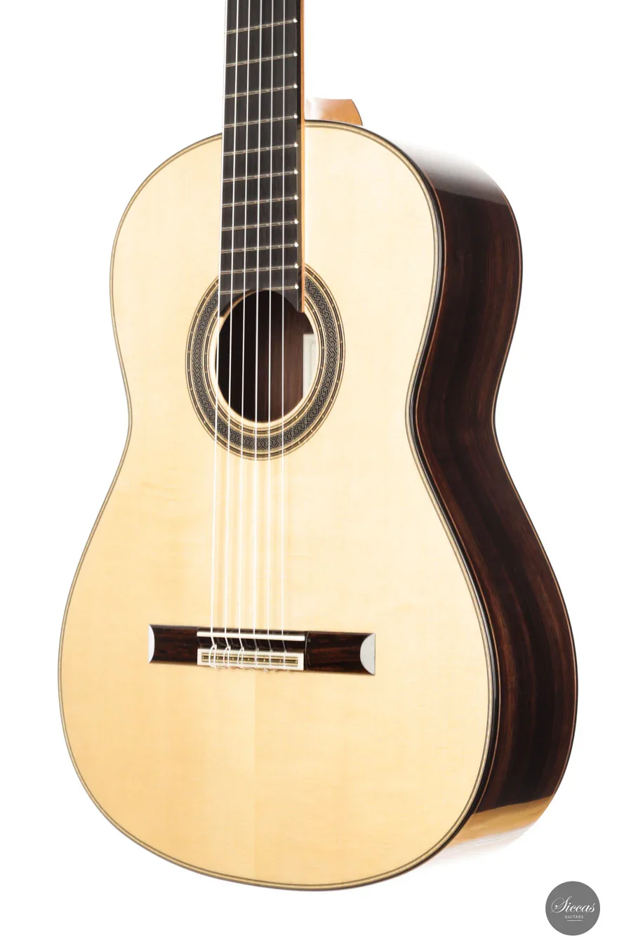 An acoustic guitar with a light-colored top and darker sides and neck, showcasing strings, sound hole, and fretboard.