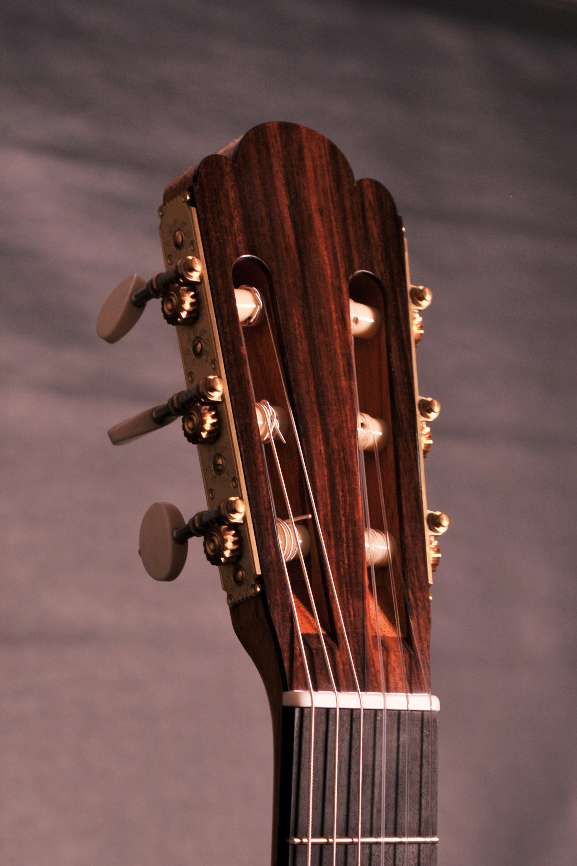 Close-up of a classical guitar's headstock with tuning pegs and strings, positioned vertically against a blurred background.