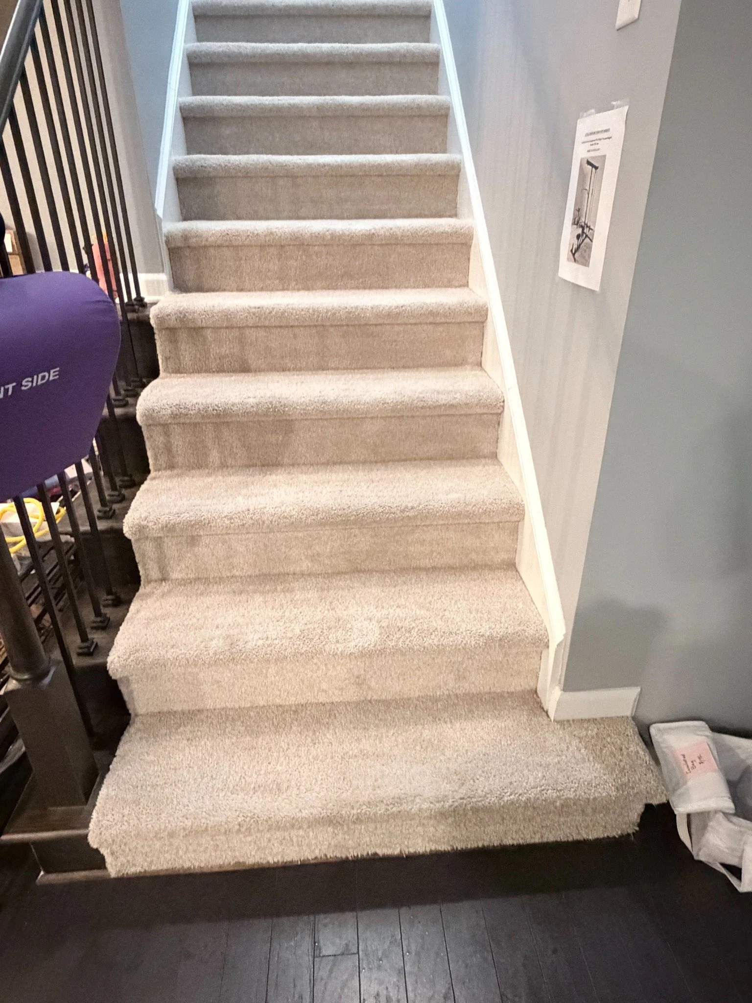 Beige carpeted staircase with a dark wooden handrail and gray walls