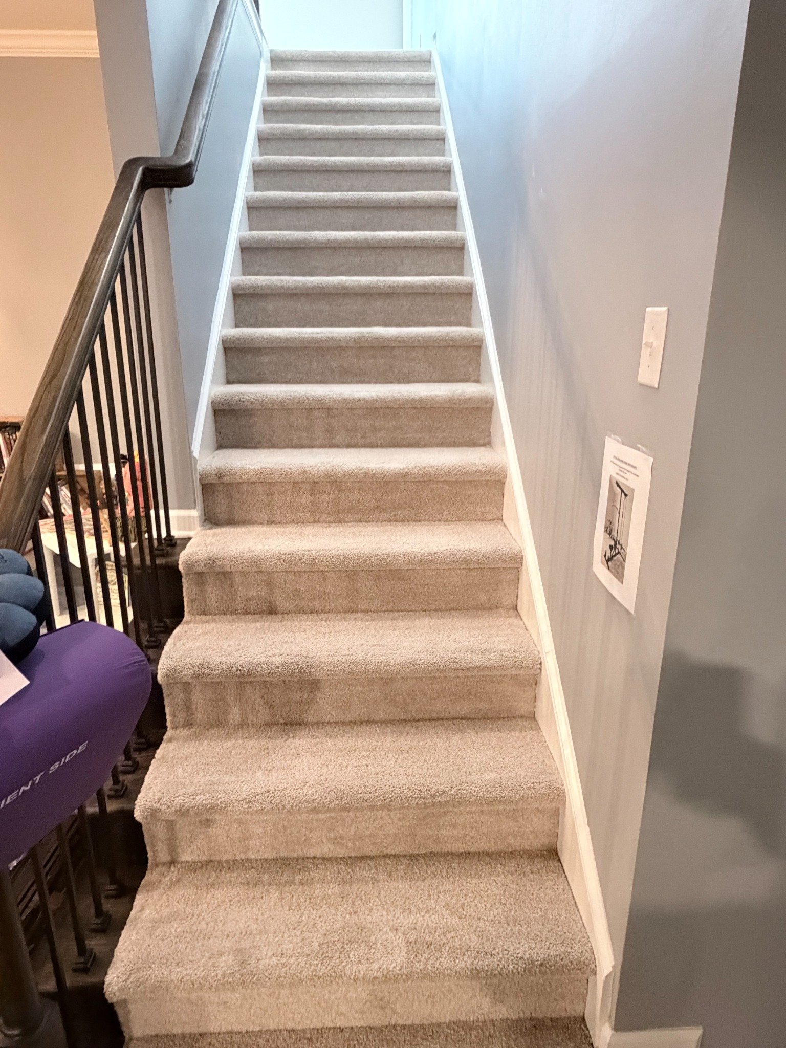 Carpeted stairs with a wooden handrail viewed from the bottom landing