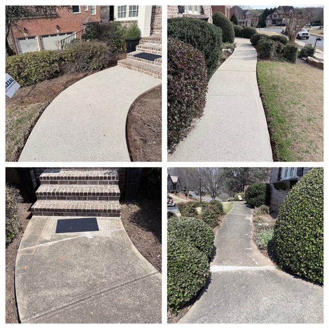 Comparison of two sidewalk paths showing different conditions and maintenance, with bushes and houses in the background.