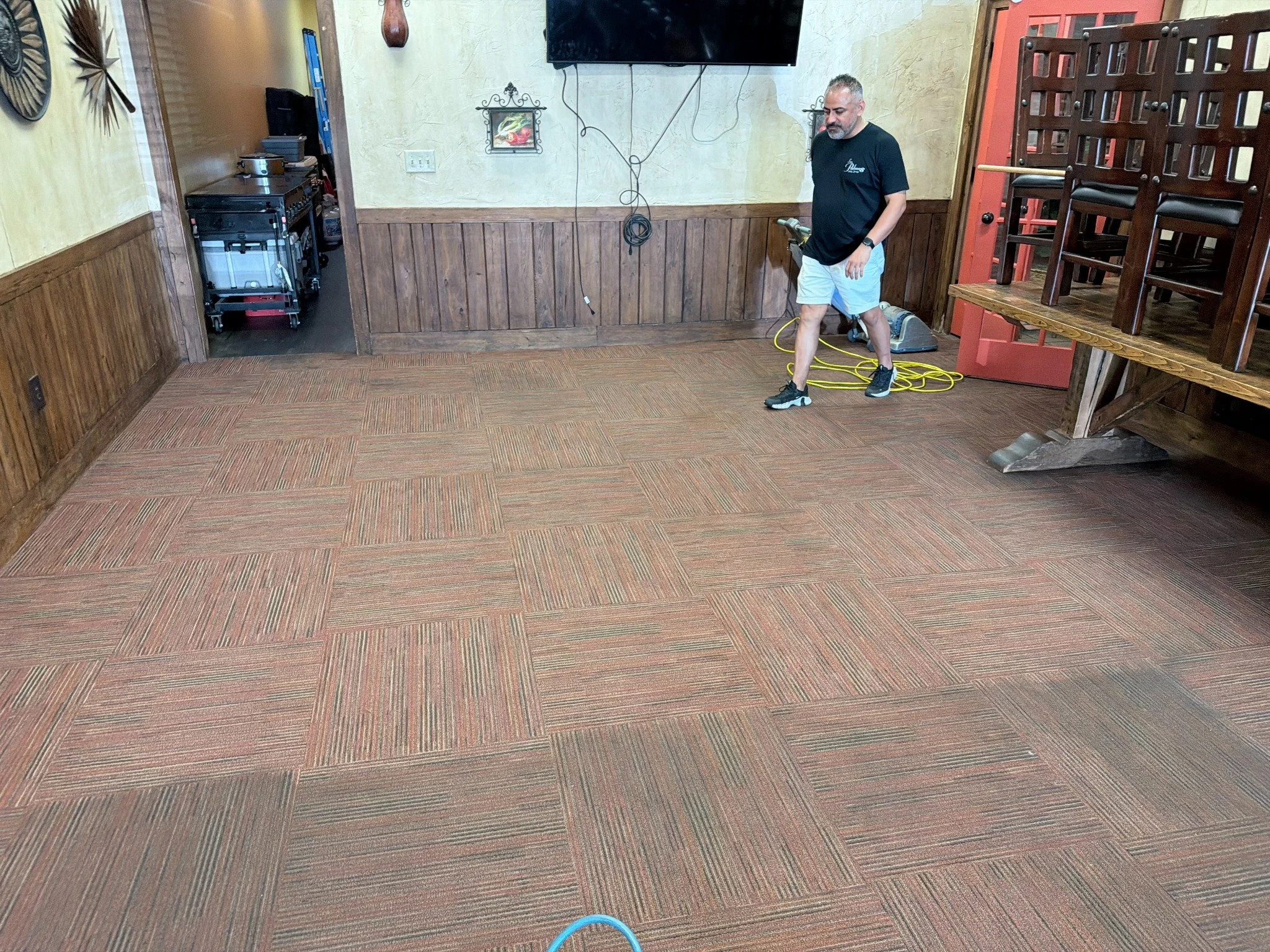 Restaurant carpet cleaning — before & after project. ProGrade Wash cleaning the dining-room carpet.
