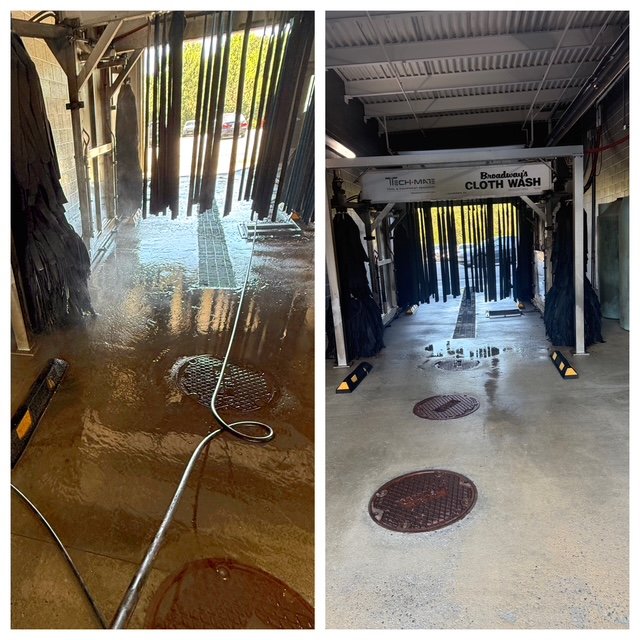 Side-by-side images of a self-serve car wash. The left shows a wet, soapy floor with water drainage, and the right shows a clean, dry floor with a car wash station overhead labeled 'Broadway's Cloth Wash'.