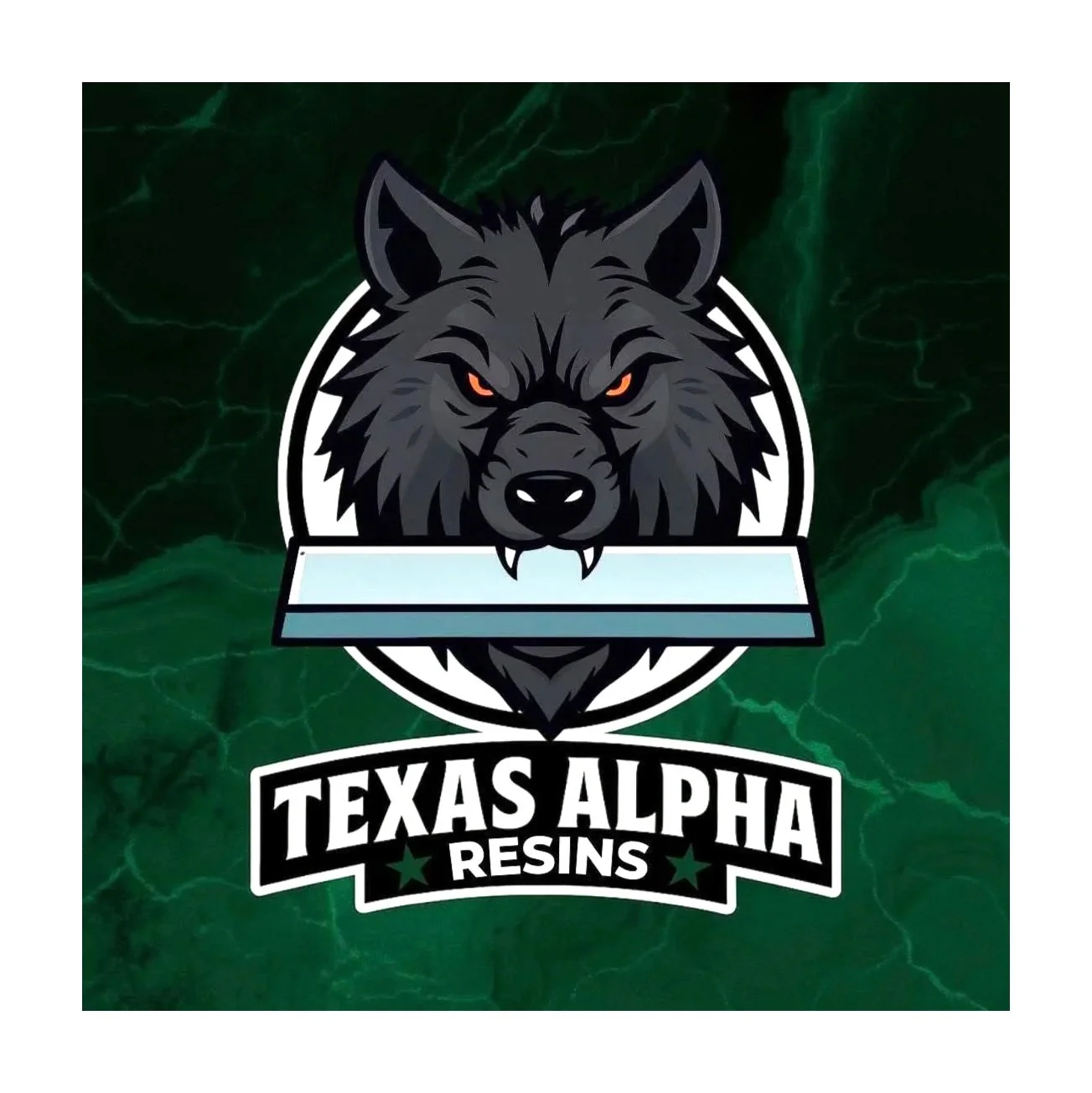Logo of a fierce wolf with red eyes above the text 'Texas Alpha Resins' on a dark green marbled background.
