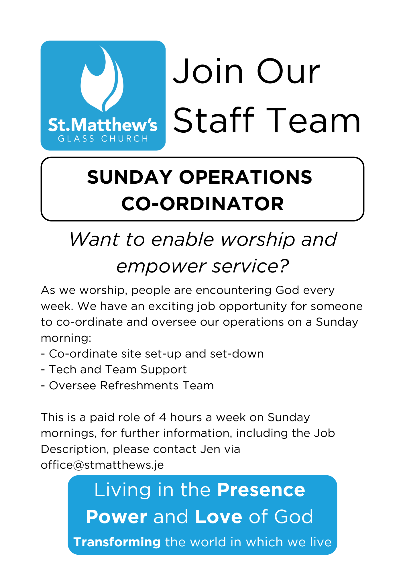 Flyer for St. Matthew's Glass Church recruiting for Sunday Operations Co-ordinator position, featuring church logo, and text about worship and service opportunities.