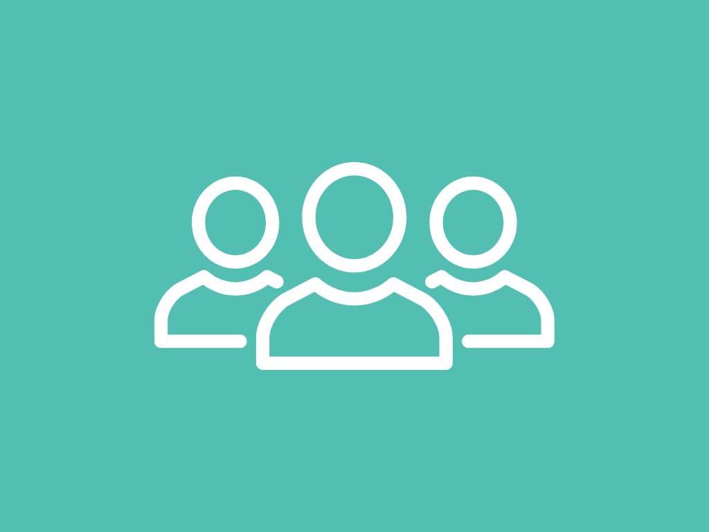 Icon of three people on a teal background.