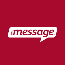 Logo with the words 'the message' in white and red text inside a speech bubble on a red background.