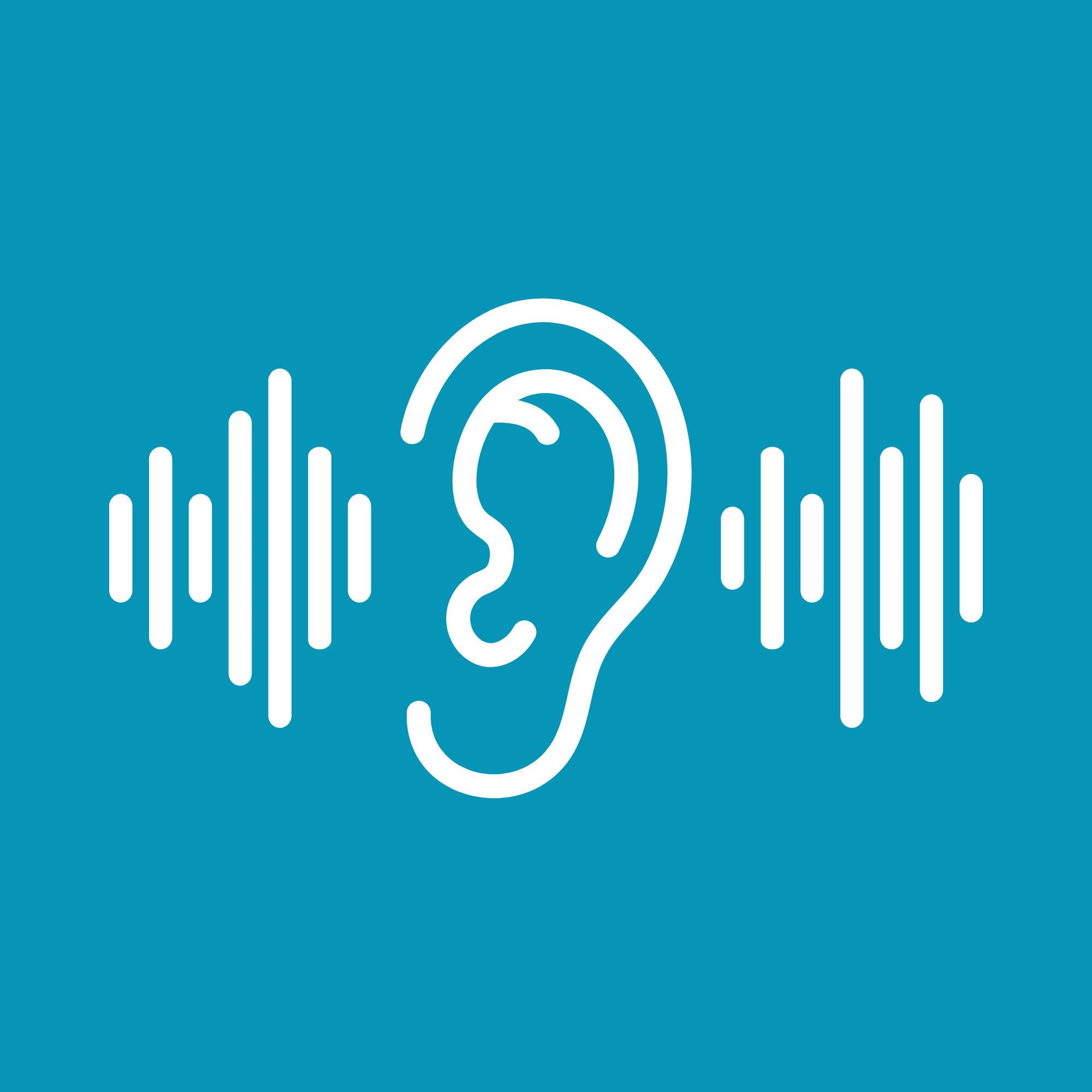 Outline of an ear with sound wave lines on either side, representing listening or hearing.