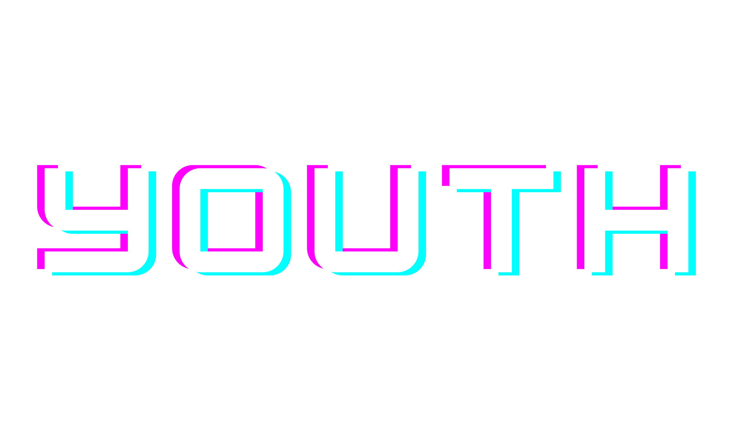 The word "YOUTH" written in large, colorful 3D text with pink, white, and light blue outlines on a black background.