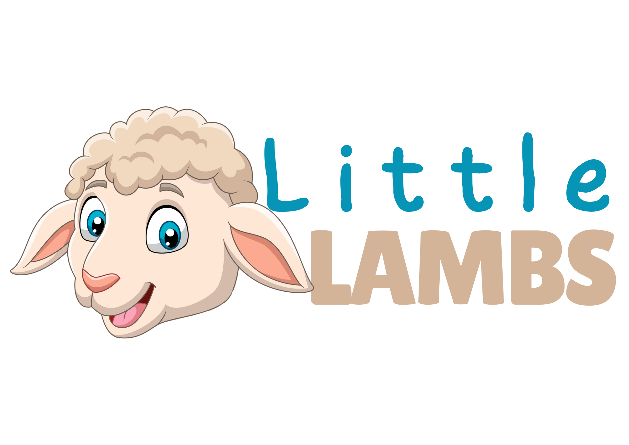 Cartoon illustration of a happy lamb's face with big blue eyes and curly wool, next to the words 'Little Lambs' in colorful text.