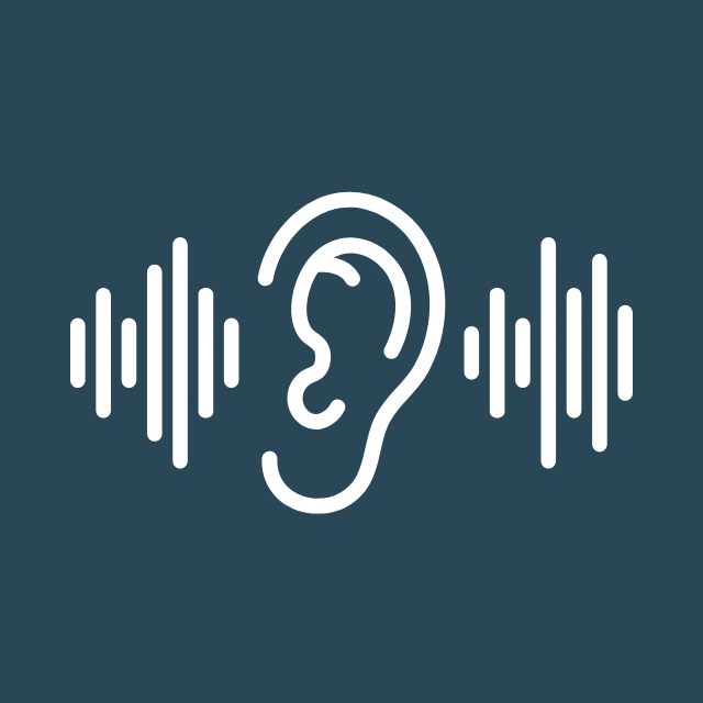 Outline of an ear with sound wave lines on either side, representing listening or hearing.