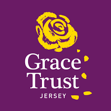 Logo for Grace Trust Jersey featuring a yellow stylized rose and purple background