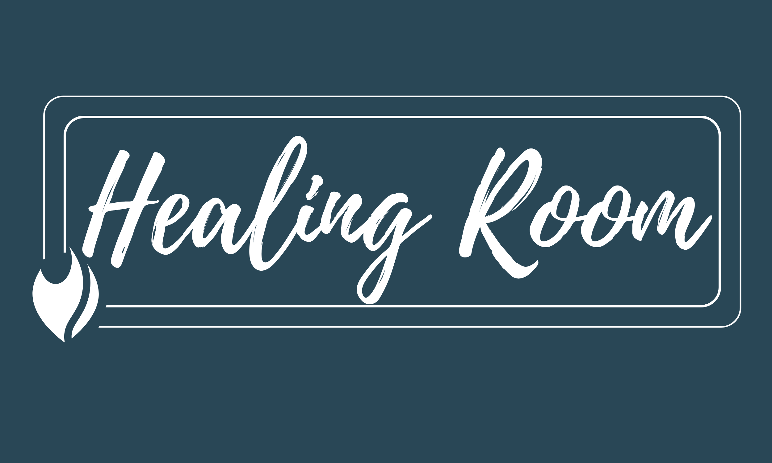 Sign with the words 'Healing Room' in cursive font, featuring a flame design on the left side, all on a dark blue background.