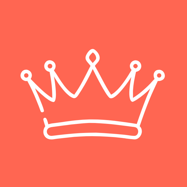 White outline drawing of a crown on a coral background.