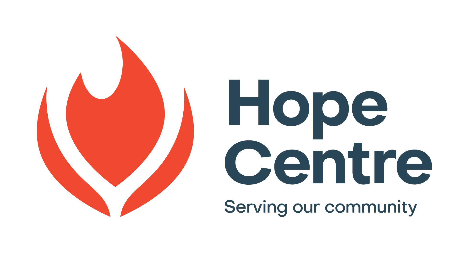 Logo of Hope Centre featuring a red flame with a black outline, and the words "Hope Centre" in large blue letters, with the tagline "Serving our community" underneath.